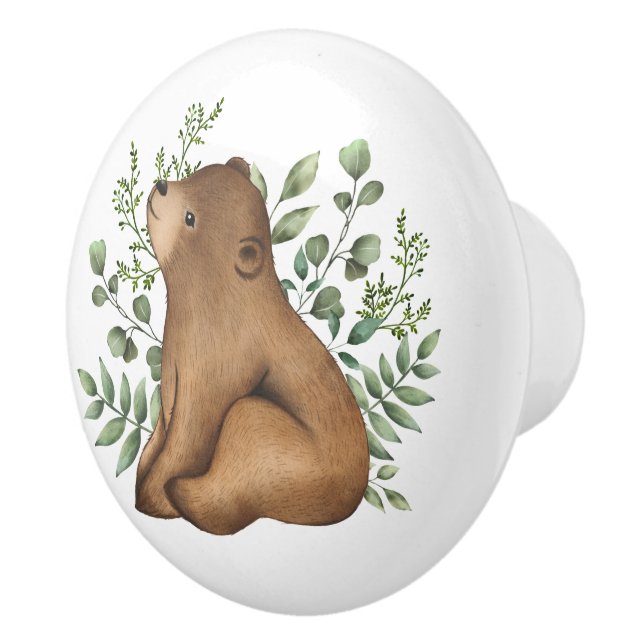Whimsical Baby Bear Woodland Forest Greenery Ceramic Knob (Right)