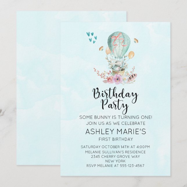 Whimsical Baby Bunny in a Balloon Birthday Party Invitation (Front/Back)