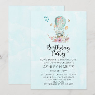 Whimsical Baby Bunny in a Balloon Birthday Party Invitation
