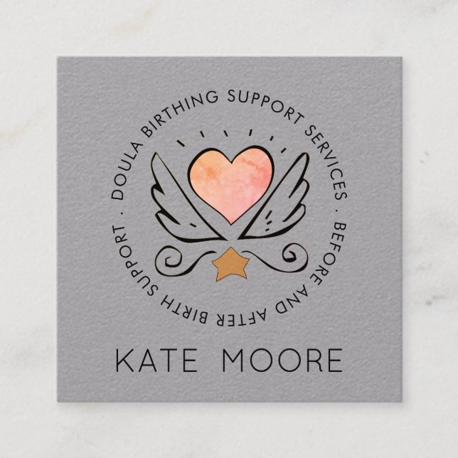 Whimsical Baby Doula Birth Coach On Grey Square Business Card (Front)