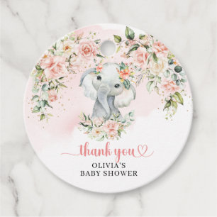 Whimsical baby elephant blush floral Baby Shower Favour Tags