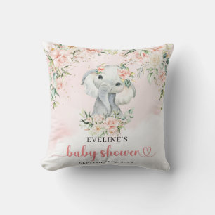 Whimsical baby elephant blush floral eucalyptus cushion