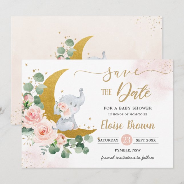 Whimsical Baby Elephant Crescent Moon Blush Floral Save The Date (Front/Back)