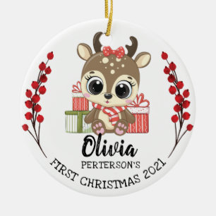 Whimsical Baby Moose Baby's 1st Christmas Ceramic Tree Decoration