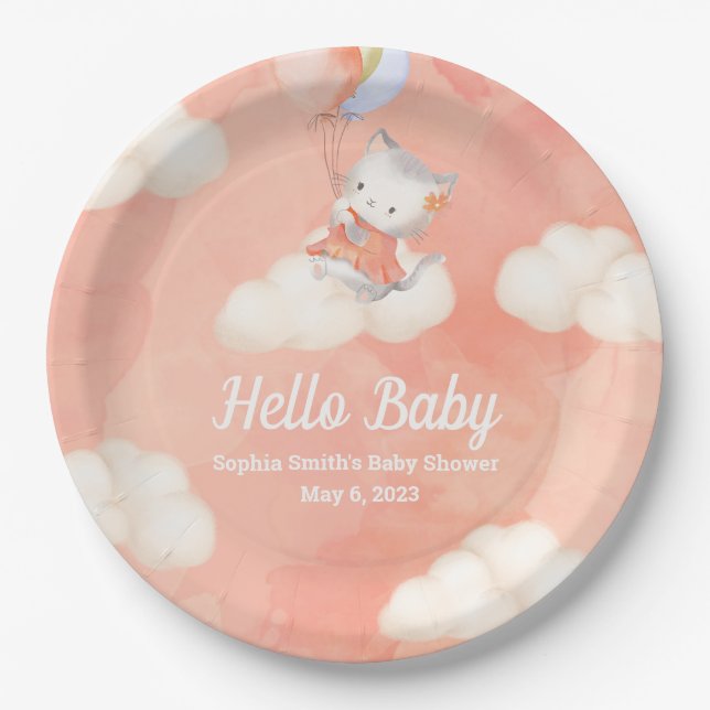 Whimsical Baby Shower, Baby Girl, Kitten Paper Plate (Front)