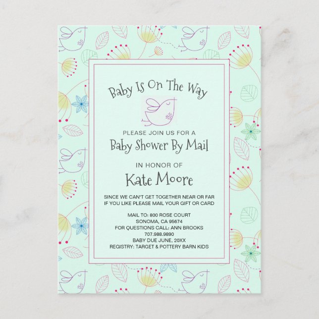 Whimsical Baby Shower By Mail Baby Bird Floral Invitation Postcard (Front)