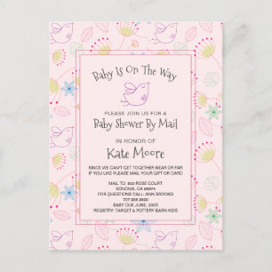 Whimsical Baby Shower By Mail Bird Floral Pink Invitation Postcard