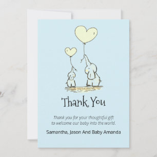 Whimsical Baby Shower Thank You   Elephants Blue Card