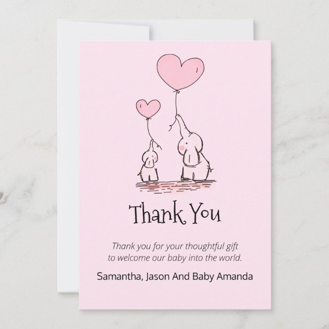 Whimsical Baby Shower Thank You | Elephants Pink Card (Front)