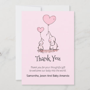 Whimsical Baby Shower Thank You   Elephants Pink Card