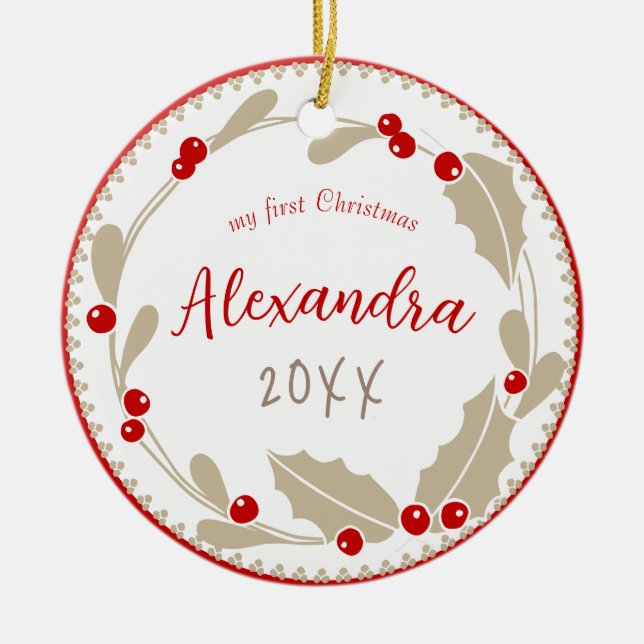 Whimsical Baby's First Christmas Photo | Red Beige Ceramic Tree Decoration (Front)