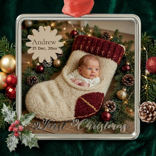 Whimsical Baby's First Christmas Stocking Photo  Metal Tree Decoration
