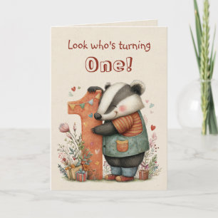 Whimsical Badger First Birthday for One Year Old Card