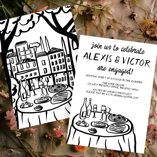 Whimsical Balcony Dinner Custom Engagement Party Invitation (Whimsical Balcony Dinner Custom Engagement Party Invitation Wine Couples Shower Sketch Doodle Trend
)