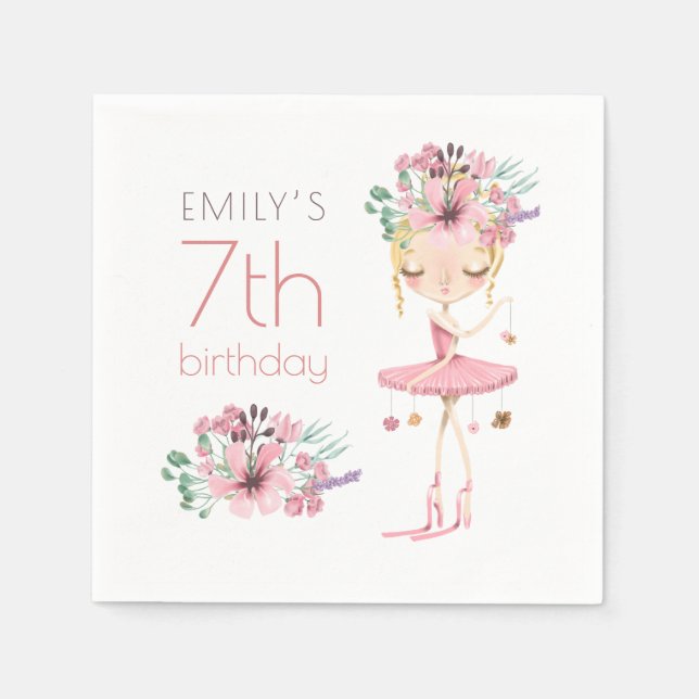 Whimsical Ballerina Floral 7th Birthday Party Girl Napkin (Front)