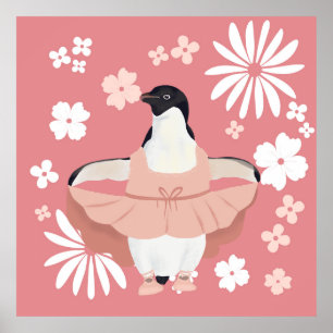 Whimsical Ballerina Penguin With Pink Flowers Poster