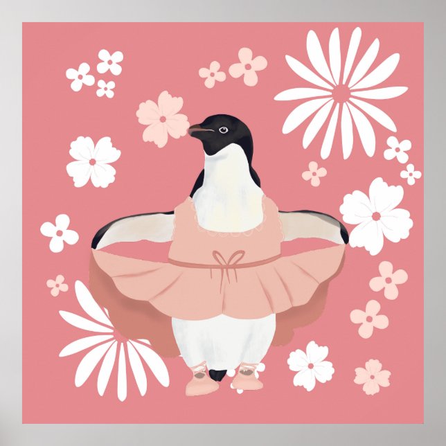 Whimsical Ballerina Penguin With Pink Flowers Poster (Front)