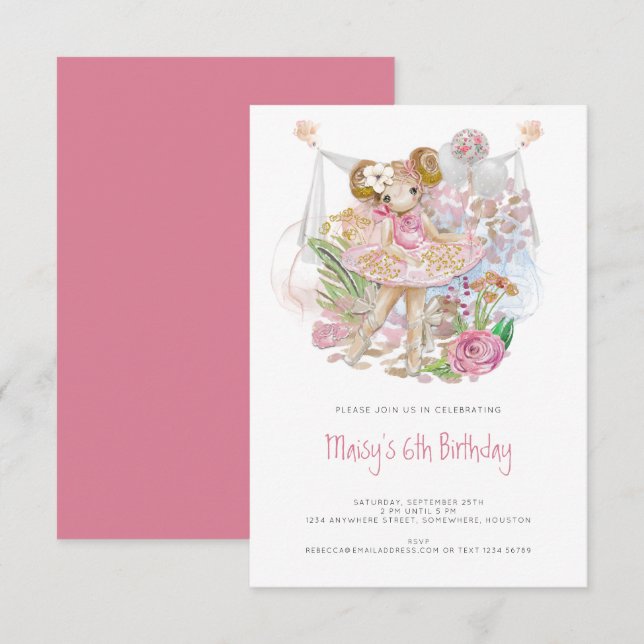 Whimsical Ballerina Pink Girl 6th Birthday Party Invitation (Front/Back)