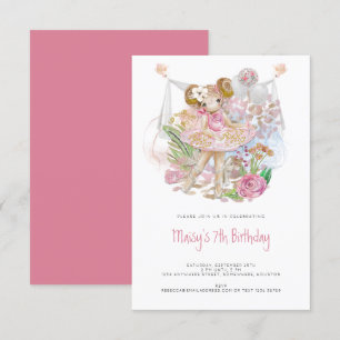 Whimsical Ballerina Pink Girl 7th Birthday Party Invitation
