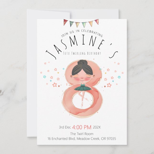 Whimsical Ballet 8th Birthday Girl Invitation (Front)