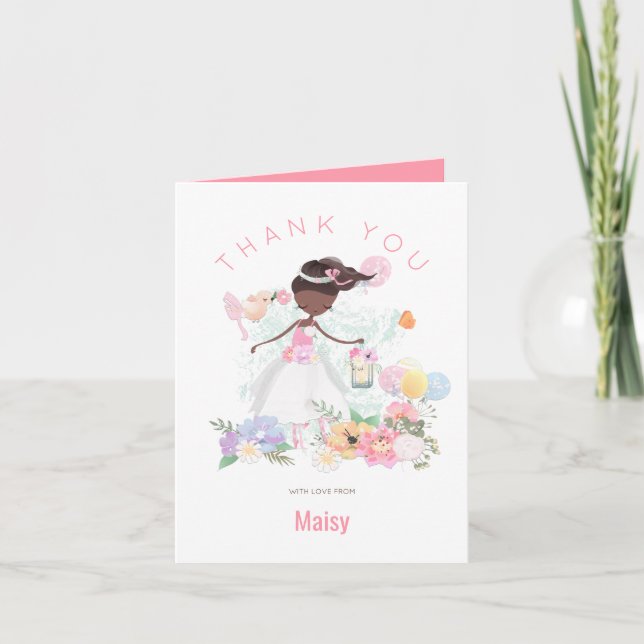 Whimsical Ballet Dancer Pink Florals Girl Thank You Card (Front)