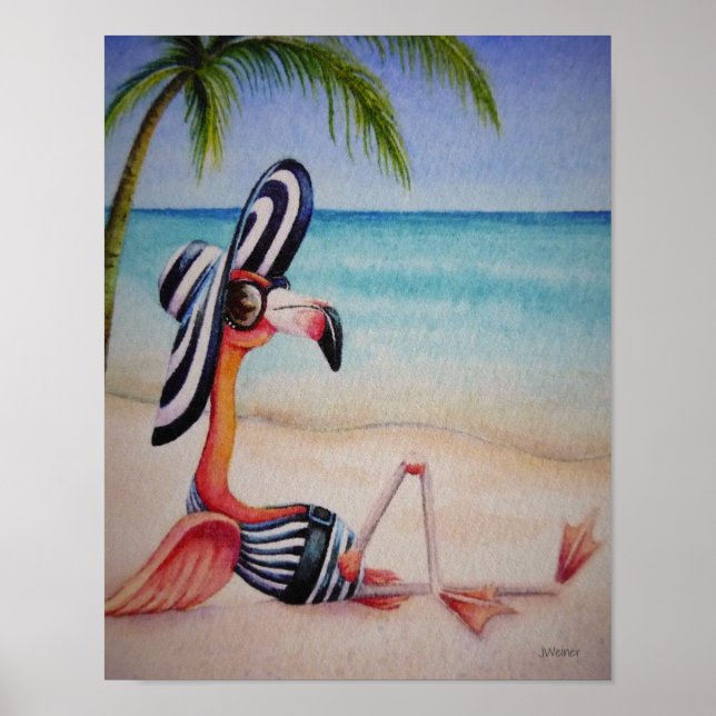 Whimsical Beach Babe Flamingo 1 Watercolor 11x14 Poster (Front)