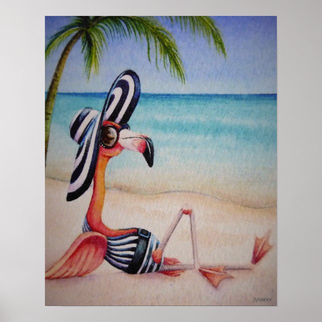 Whimsical Beach Babe Flamingo 1 Watercolor 16x20 Poster (Front)