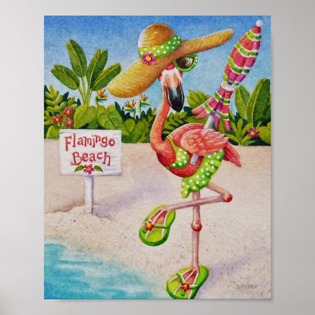 Whimsical Beach Babe Flamingo 2 Watercolor 8x10 Poster (Front)