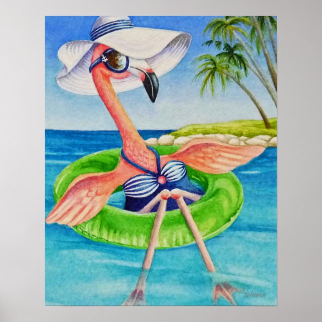 Whimsical Beach Babe Flamingo 3 Watercolor 16x20 Poster (Front)