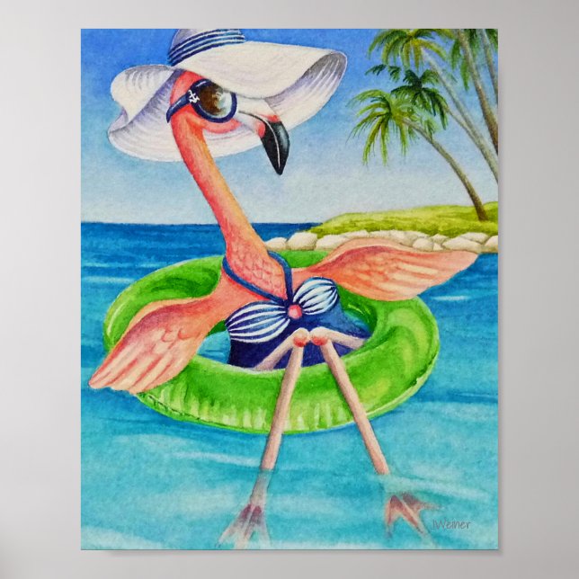 Whimsical Beach Babe Flamingo 3 Watercolor 8x10 Poster (Front)