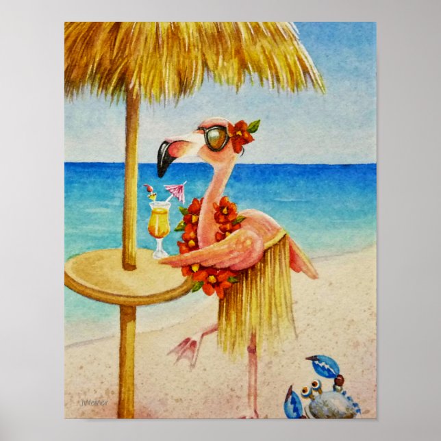 Whimsical Beach Babe Flamingo 4 Watercolor 11x14 Poster (Front)