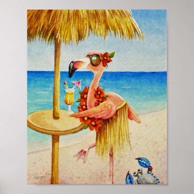 Whimsical Beach Babe Flamingo 4 Watercolor 8x10 Poster (Front)