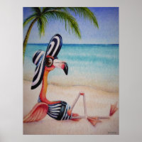 Whimsical Beach Babe Flamingo No. 1 Art 18x24