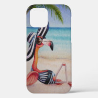 Whimsical Beach Babe Flamingo No. 1 Watercolor Art