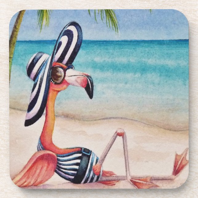 Whimsical Beach Babe Flamingo No. 1 Watercolor Art Coaster (Front)