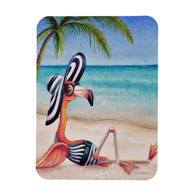 Whimsical Beach Babe Flamingo No. 1 Watercolor Art Magnet (Vertical)