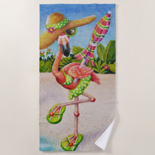 Whimsical Beach Babe Flamingo No. 2 Watercolor Art Beach Towel