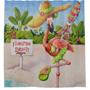 Whimsical Beach Babe Flamingo No. 2 Watercolor Art Shower Curtain