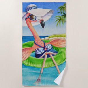 Whimsical Beach Babe Flamingo No. 3 Watercolor Art Towel