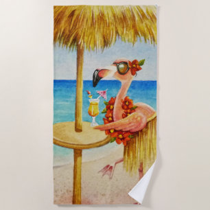 Whimsical Beach Babe Flamingo No. 4 Watercolor Art Towel