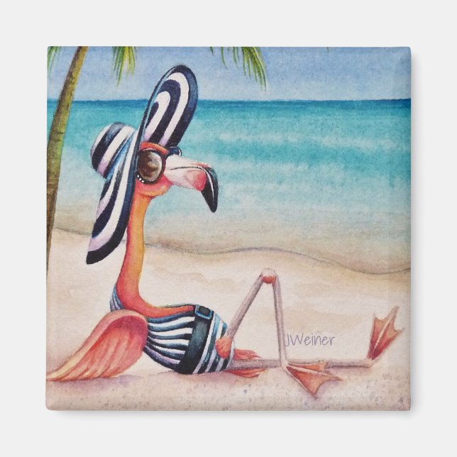 Whimsical Beach Babe Pink Flamingo No. 1 Magnet (Front)