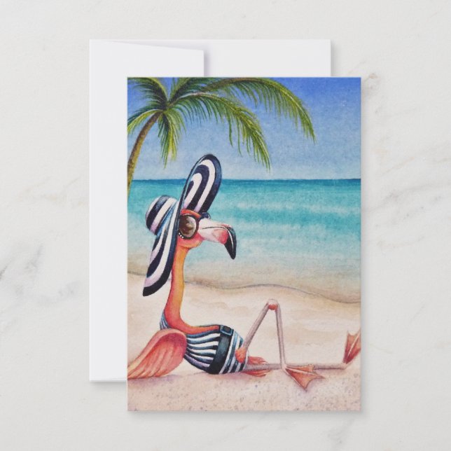 Whimsical Beach Babe Pink Flamingo No. 1 Thank You Card (Front)