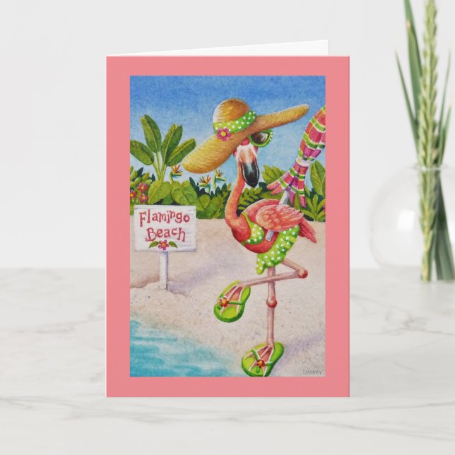 Whimsical Beach Babe Pink Flamingo No. 2 Art Card (Front)