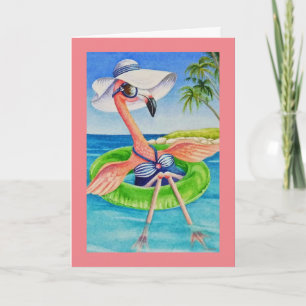 Whimsical Beach Babe Pink Flamingo No. 3 Art Card