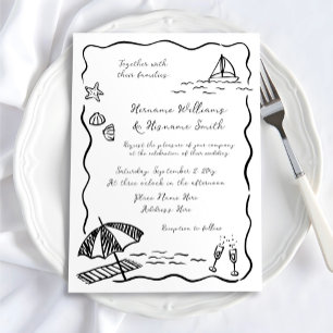 Whimsical Beach Hand Drawn Black White Wedding Invitation