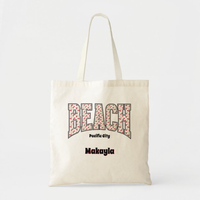 Whimsical BEACH Red Cherry Varsity Letters  Tote Bag (Front)