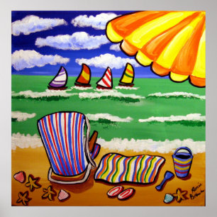 Whimsical Beach Umbrella Chair Folk Art Poster