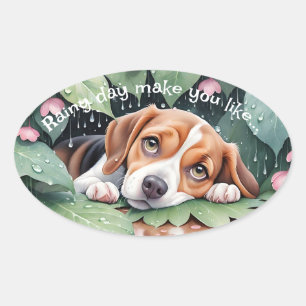 Whimsical Beagle Rainy Day Green Leaves Oval Sticker