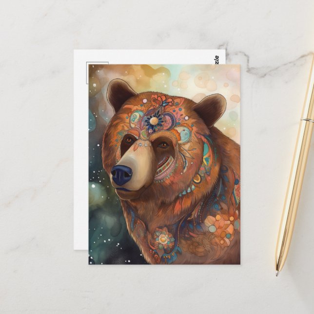 Whimsical Bear Colourful Postcard (Front/Back In Situ)