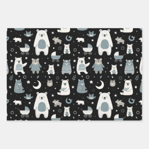 Whimsical Bear Family Pattern Wrapping Paper Sheet